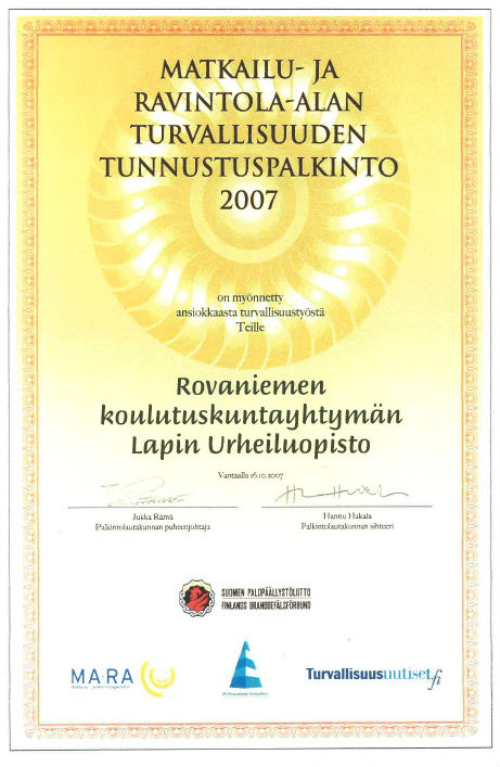 Matkailu- ja ravintola-alan turvallisuuden tunnustuspalkinto 2007.jpg
